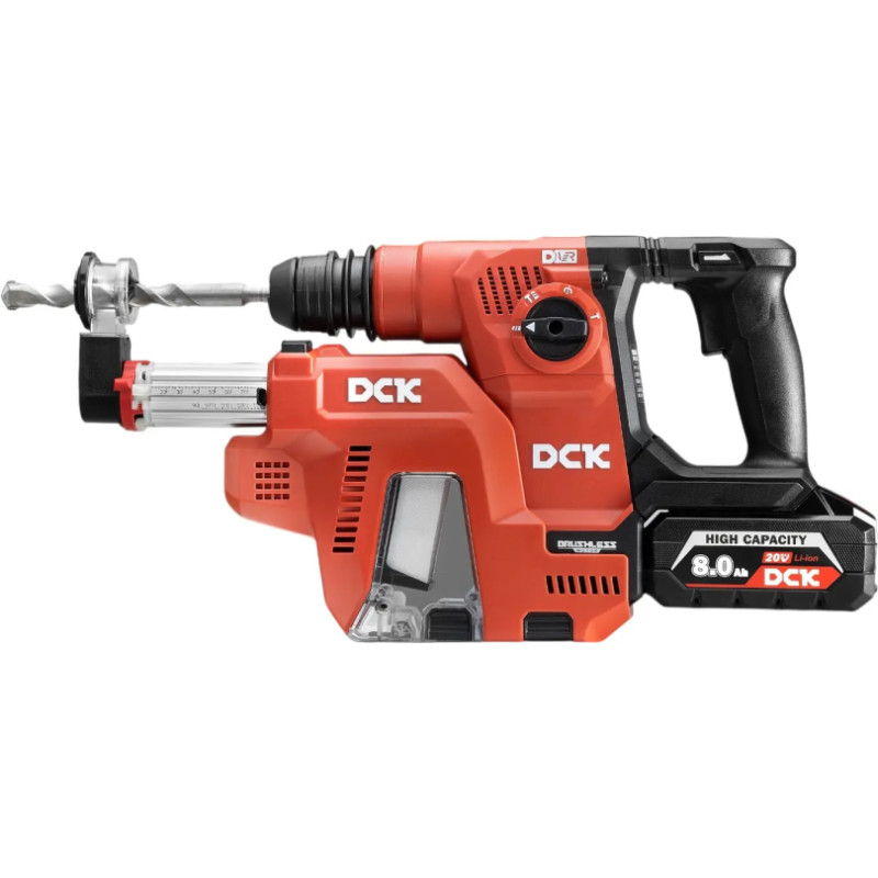 DCK Bezvada bezsuku perforators ar putekļu nosūkšanu SDS+, 2,6J, 20V, KRHDE20V-26R2KIT, DCK (2×8,0Ah akumulators, lādētājs)