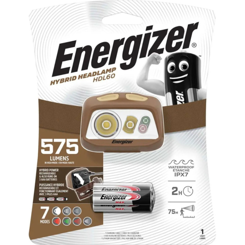 Energizer Galvas lukturis, 575lm, Uzlādējams vai 3xAAA, HDL60, ENERGIZER