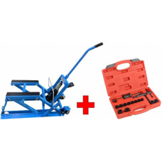 Motorcycle lift jack + brake piston removal tool set